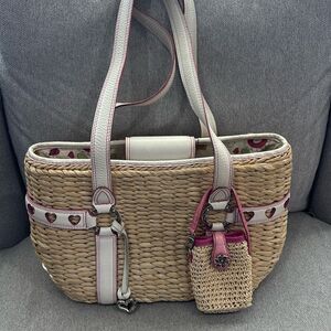 Brighton Vintage Straw & Leather Trim Tote with phone case